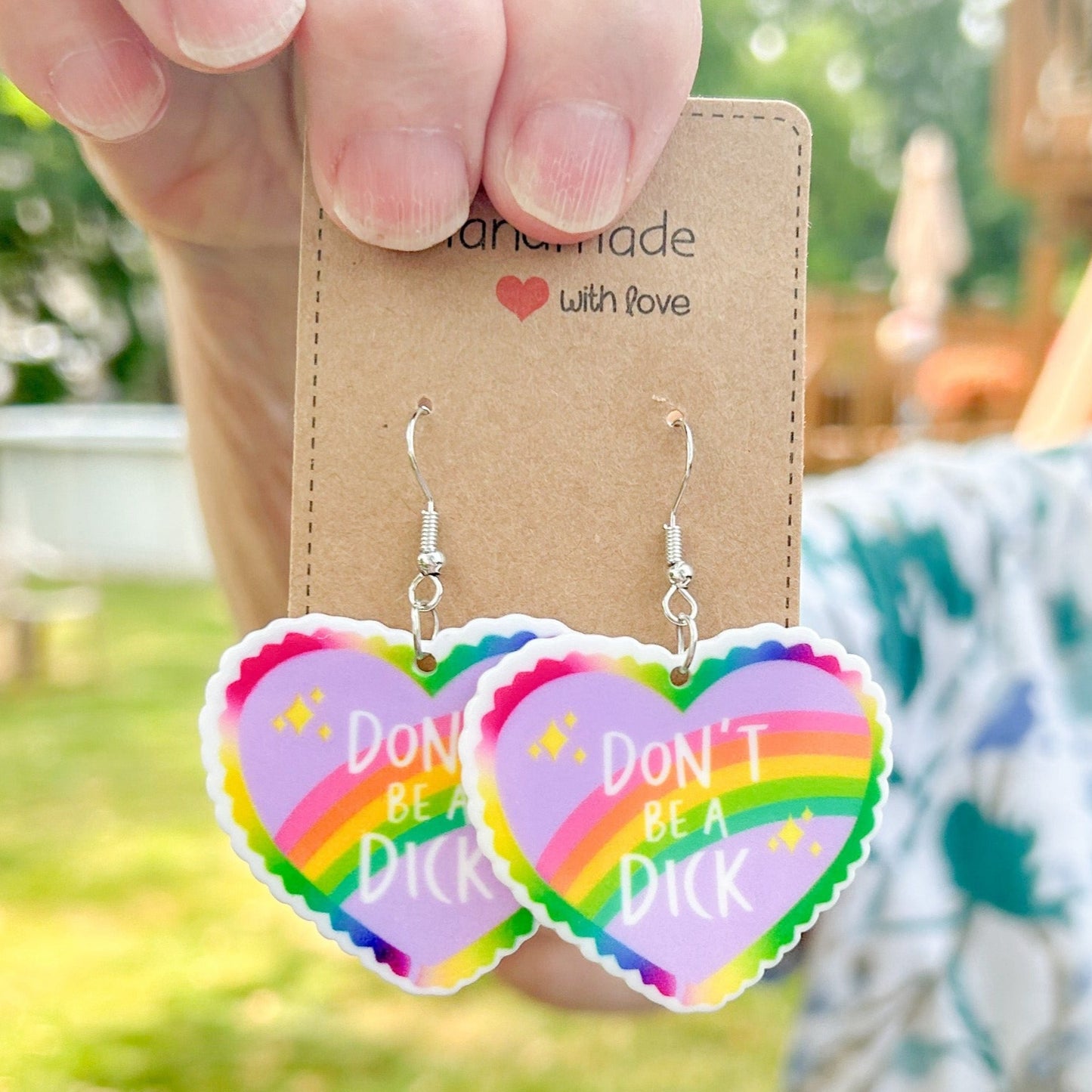 Don't Be A Dick Rainbow Pride Heart Shaped Acrylic Earrings