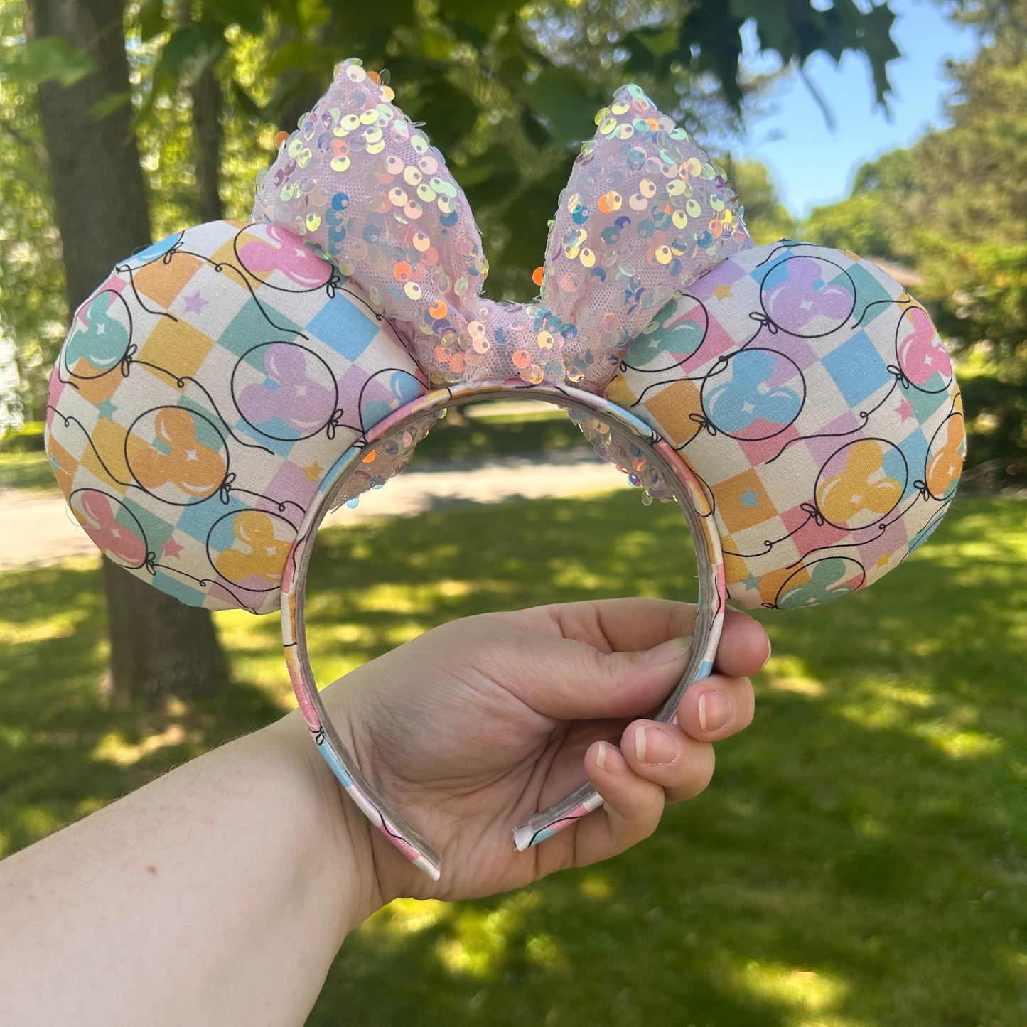 Mouse Balloon Checkerboard Mouse Ears | Theme Park Ears | School Spirit Mouse Ears